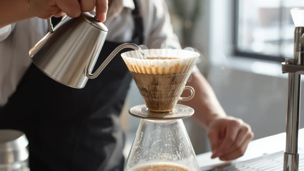A barista making pour-over coffee using a glass dripper, hot water being poured in a slow circular motion, steam rising