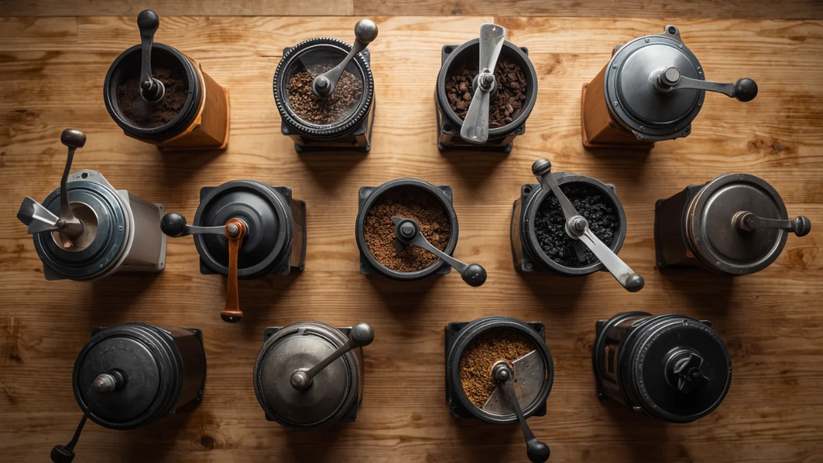 A display of a collection of coffee grinders
