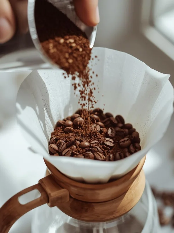 Adding coffee grounds to prepare pouover coffee at home