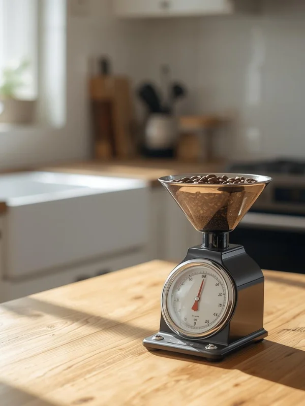 A coffee beans scale on a counter