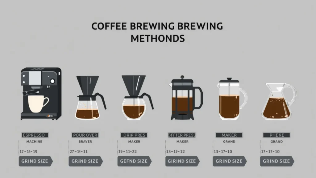 Coffee brewing methods lineup including espresso machine, pour over dripper, drip coffee maker, French press, and cold brew jar, each paired with its grind size label,