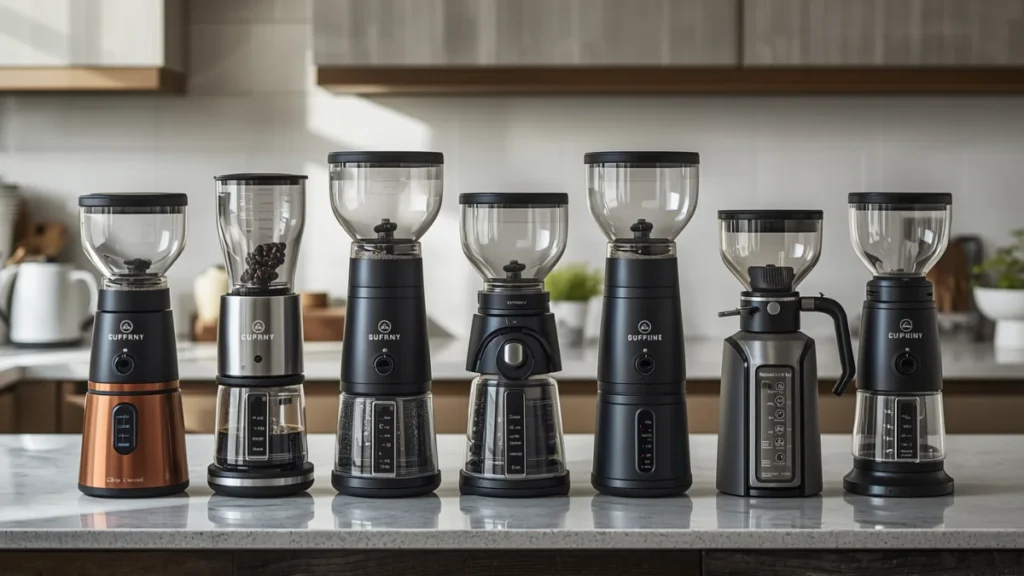 A modern kitchen displaying a variety of coffee grinders of different brands and class
