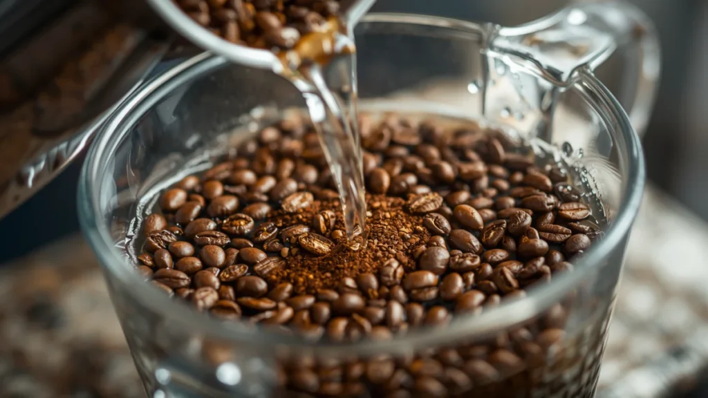 Ground coffee is being immersed in cold water, allowing the water to extract flavors, oils, and aromatic compounds from the beans