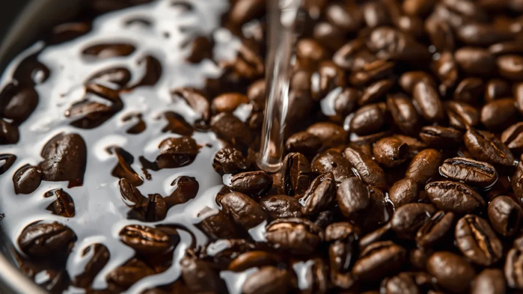 Ground coffee is being immersed in cold water, allowing the water to extract flavors, oils, and aromatic compounds from the beans