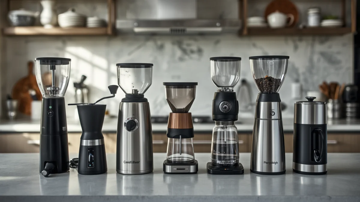 A colletion of Coffee grinders for home use sitting side-by-side on a kitchen counter