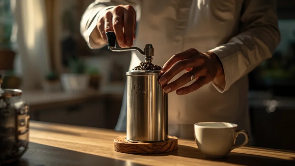 Person grinding fresh coffee beans using a burr grinder in a cozy kitchen