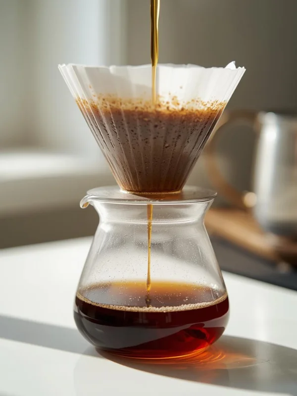 A pour-over dripper on a kitchen counter