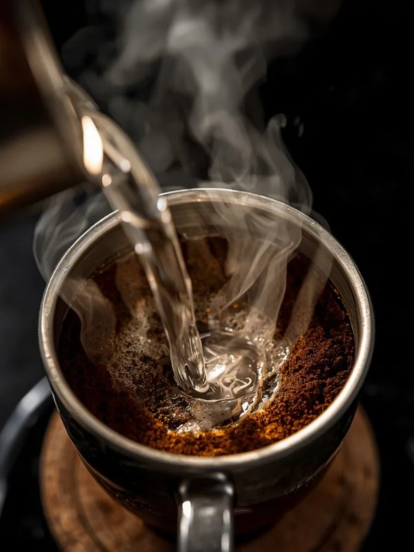 Pouring hot water over the coffee grounds