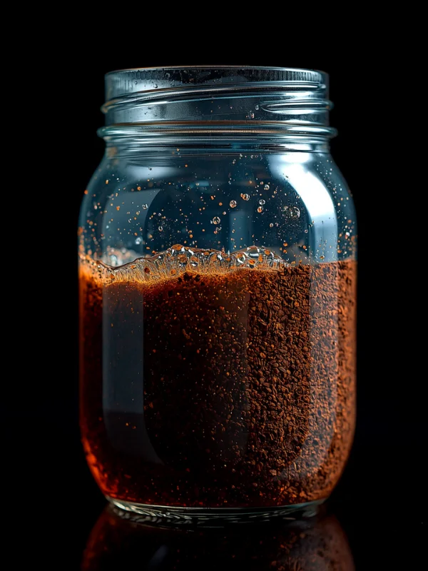 a closed small jar containing coarse coffee ground full of water kept in th night - or steeping the grounds