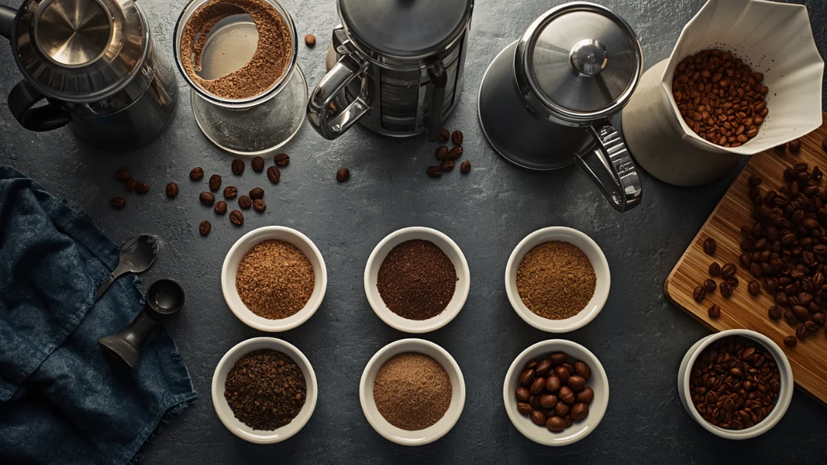coffee brewing setup with different grind sizes displayed in small bowls (fine, medium, coarse), alongside espresso machine, French press, pour-over dripper, and coffee beans