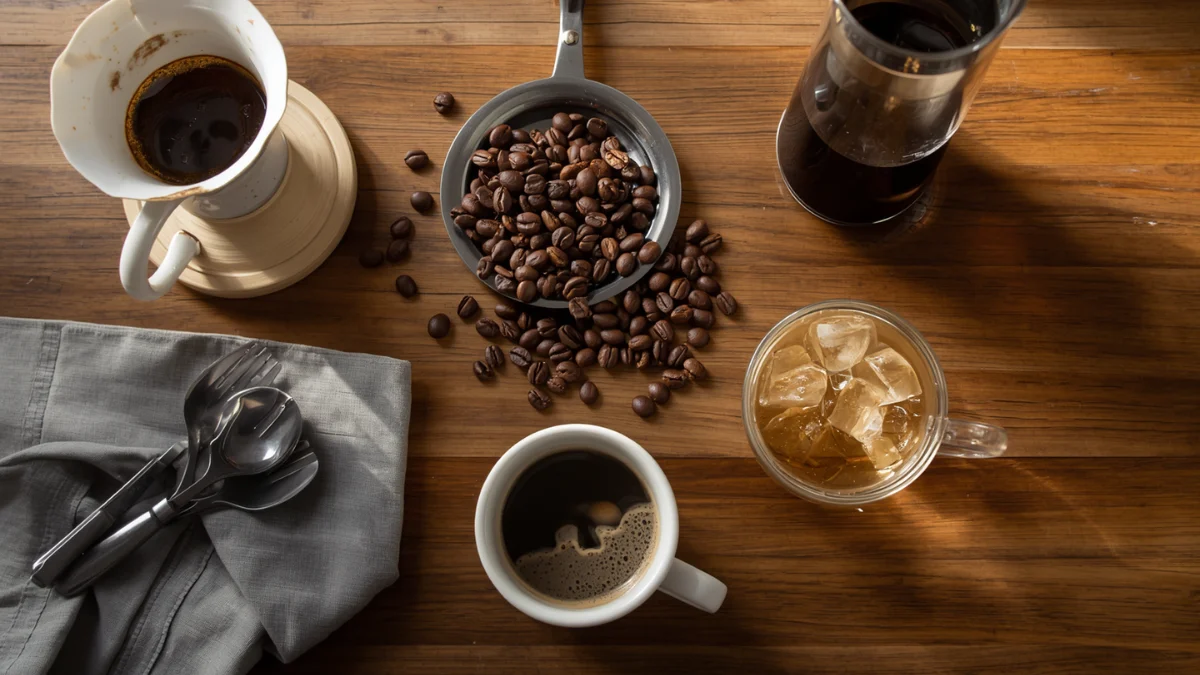 coffee beans, a pour-over dripper, French press, espresso cup, and cold brew glass on a wooden table