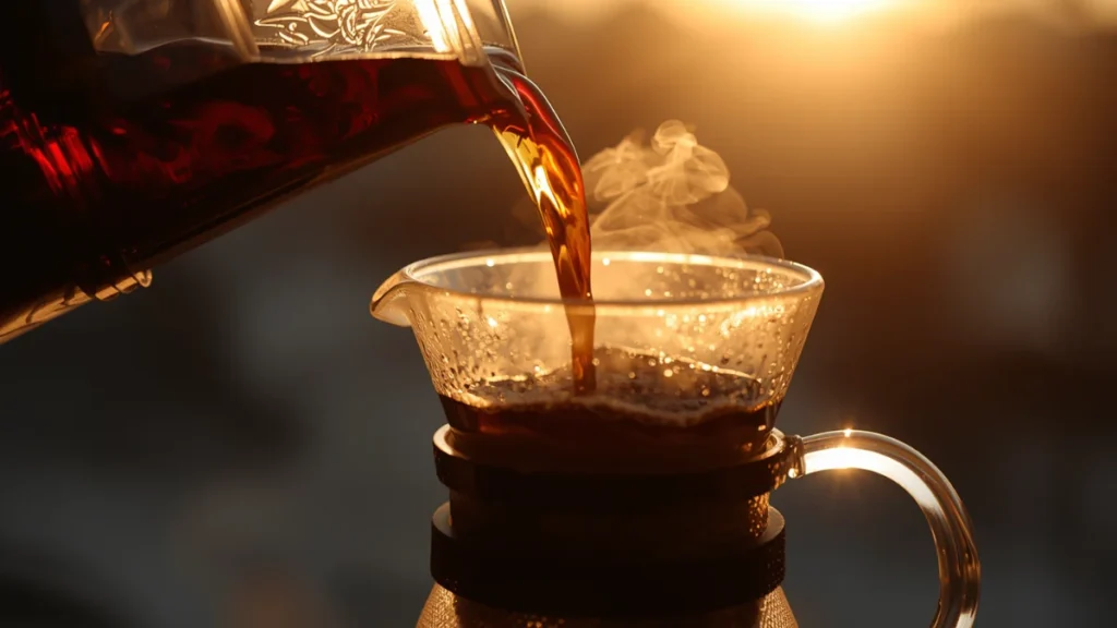 coffee maded based on the best coffee brwing ration is  being poured in slow motion into a glass carafe