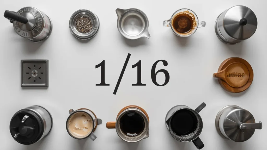 coffee brewing tools arranged neatly with ratio text overlay ‘1_16’