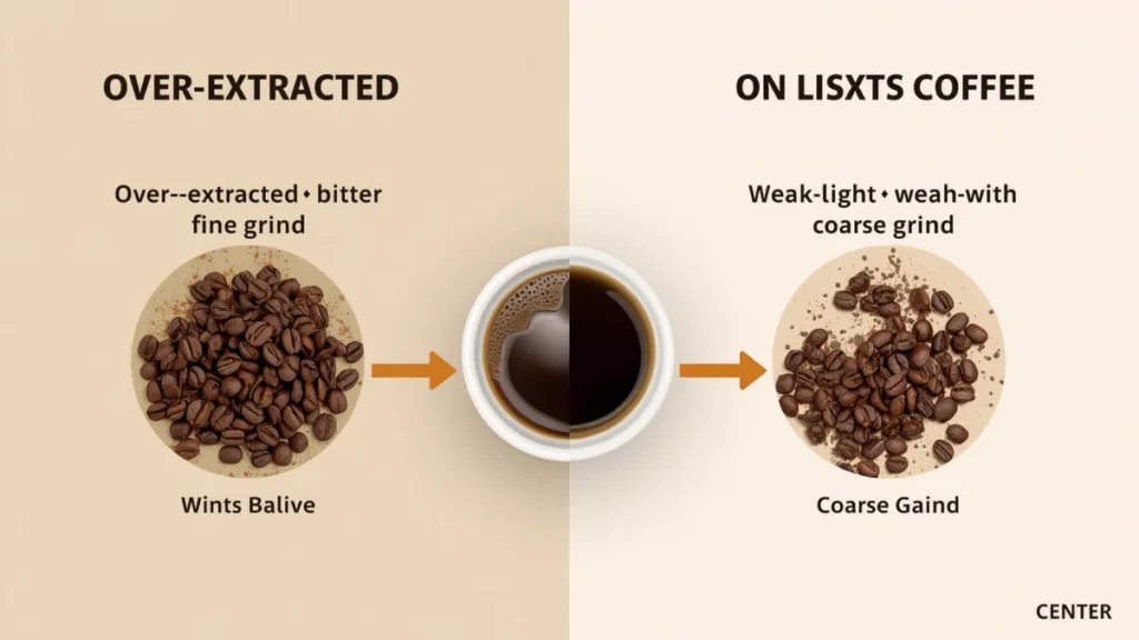 coffee extraction comparison: left side over-extracted dark bitter coffee with fine grind, right side under-extracted weak light coffee with coarse grind, center balanced perfect coffee