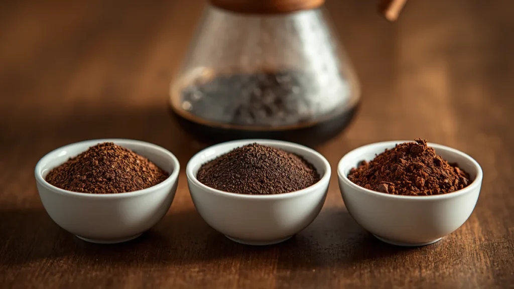Comparison of coarse, medium, and fine coffee grind sizes for pour-over brewing