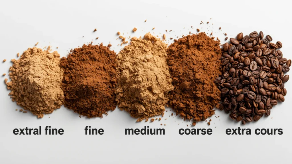 comparison of coffee grind sizes arranged from left to right: extra fine powder, fine, medium, coarse, extra coarse, labeled clearly