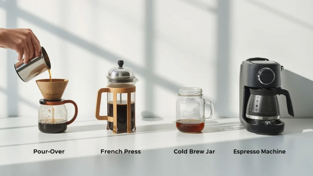 visual comparison of four coffee brewing methods: pour-over, French press, cold brew jar, and espresso machine, arranged side by side