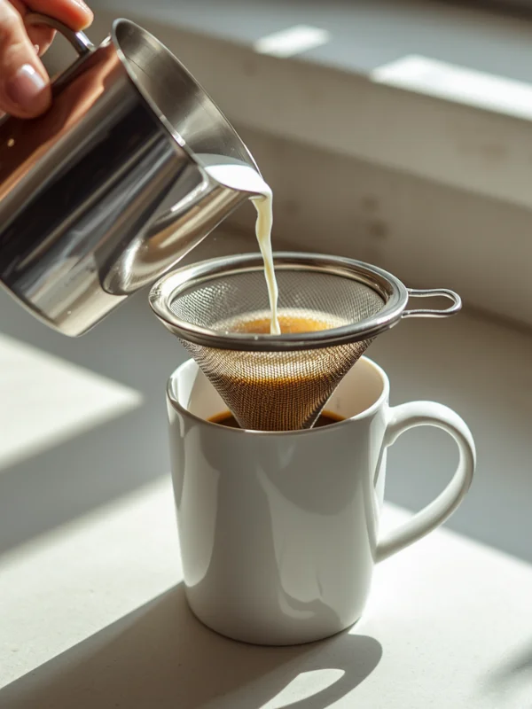 diluting the coffee content in a coffee cup using a fine mesh by pouring milk (2)