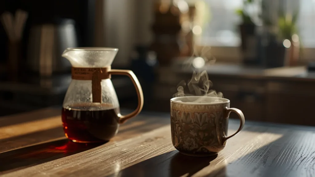 fresh brewed coffee, steam rising