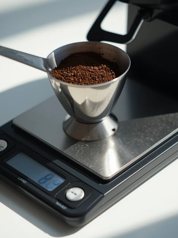 measuring coarse-ground coffee on a digital coffee scale