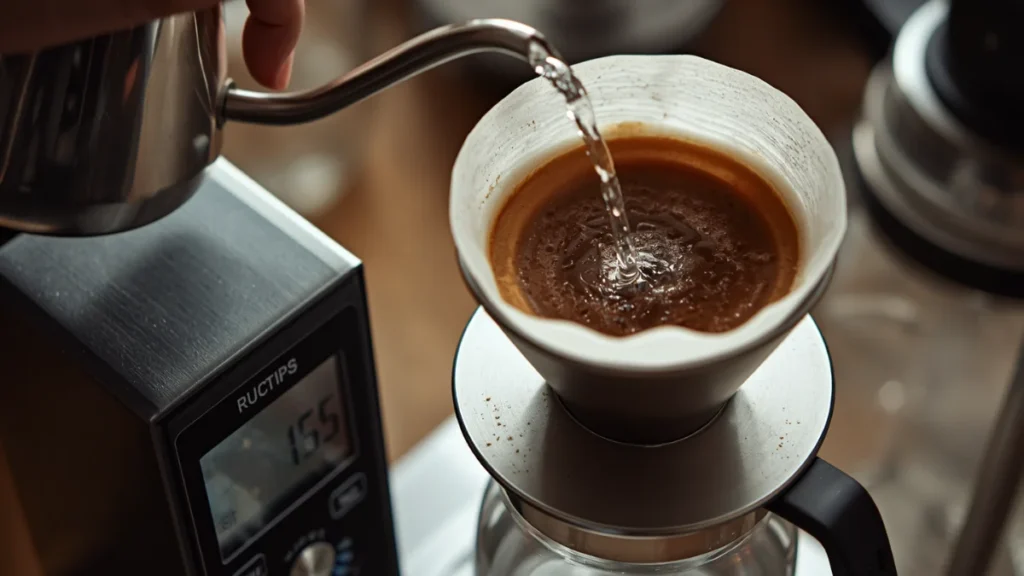 Measuring coffee beans on a digital scale for accurate pour-over coffee ratio