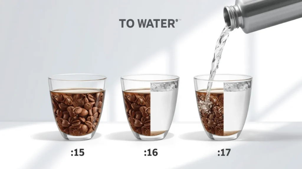 Coffee to water ratio chart showing 1:15, 1:16, and 1:17 pour-over brewing ratios