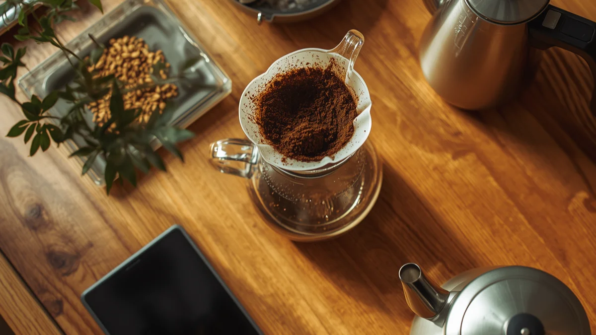 Pour over coffee ratio explained: Pour-over coffee setup with dripper, scale, and kettle showing precise coffee-to-water
