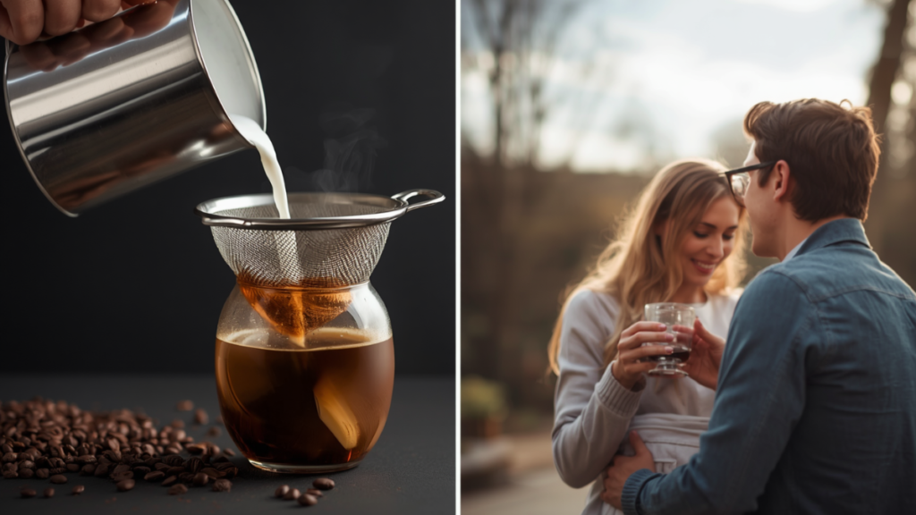 Preparing cold brew coffee at home and a couple enjoys cold brew coffee.