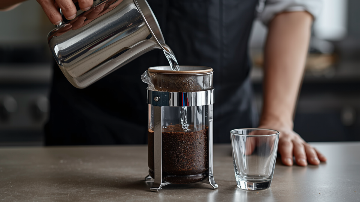 Pouring cold water in a French press jar contained steeped coarse coffee grounds to create cold coffee at home