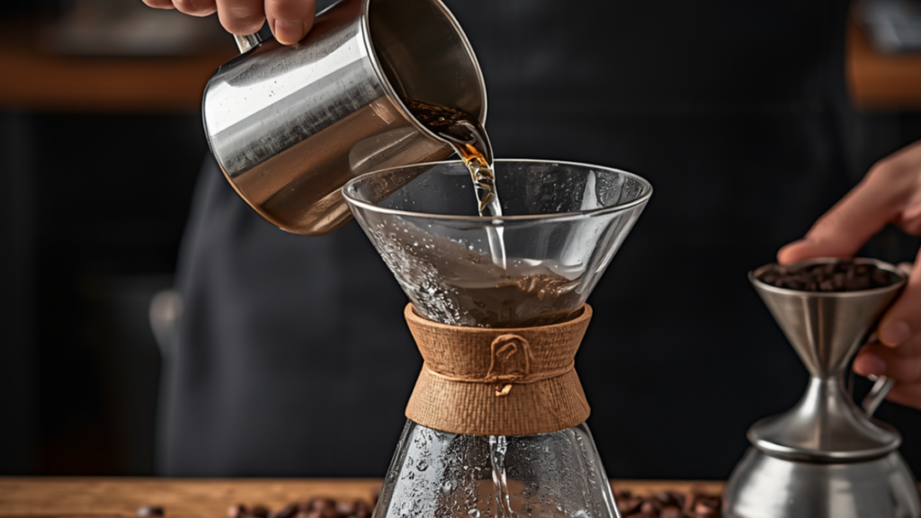 pouring water into pour over coffee