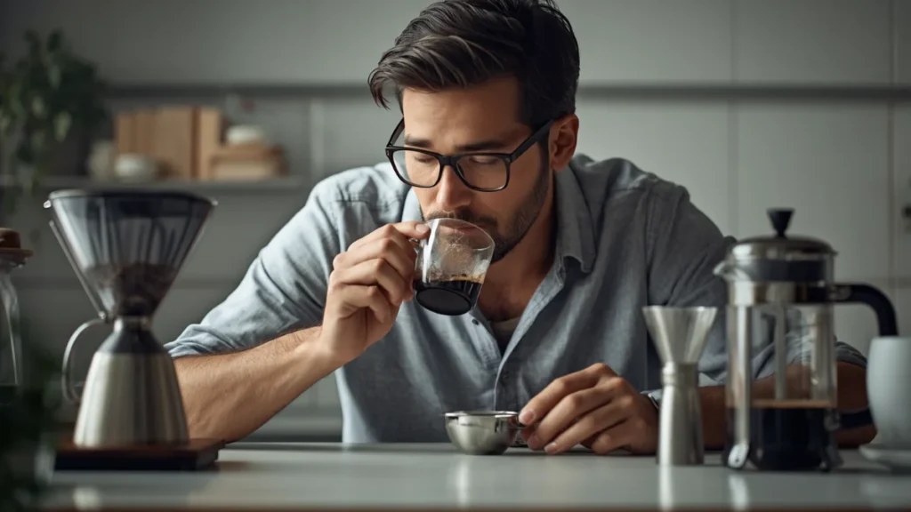 How to reduce the Sediment in French Press Coffee.A coffee enthustiast tasting sediment level in French Press coffee