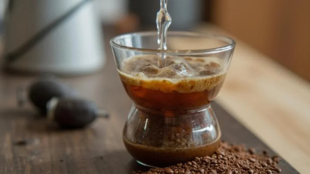 Cold water is poured over coarse grind to prepare cold brew coffee