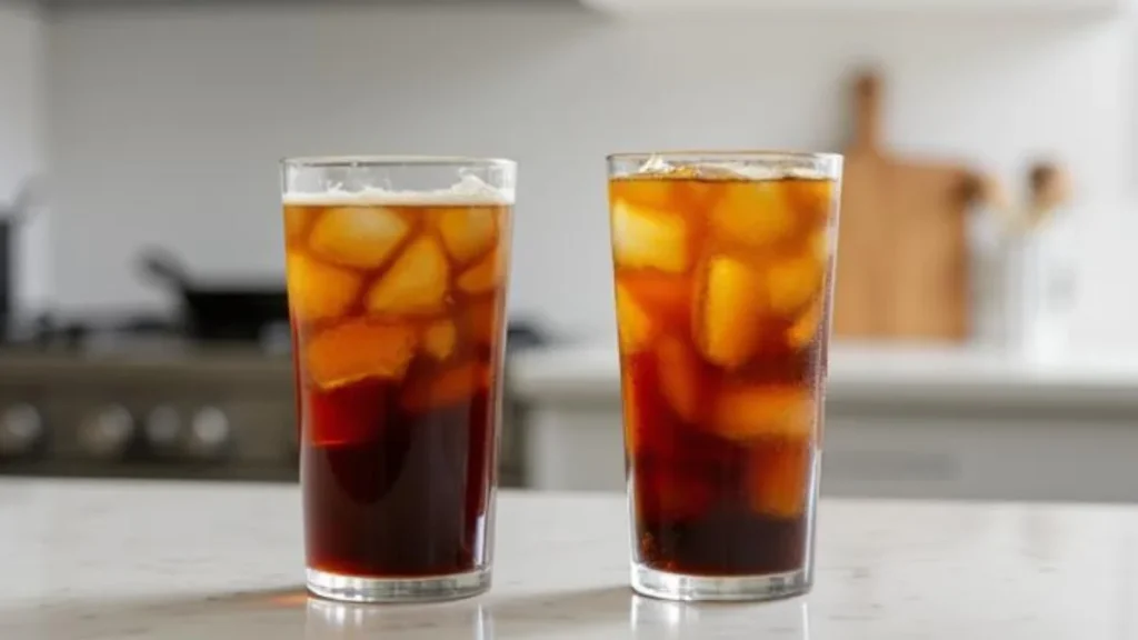 Cold Brew vs Iced Coffee are shown sitting on a kitchen counter