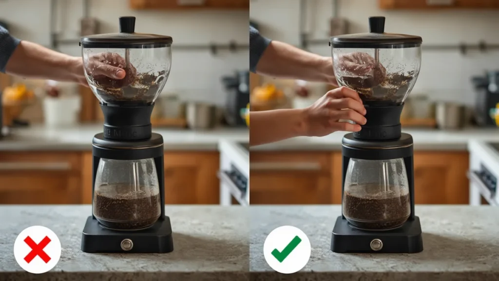 Left side shows incorrect coffee grinder cleaning (using water inside grinder, messy residue), right side shows correct dry cleaning method,