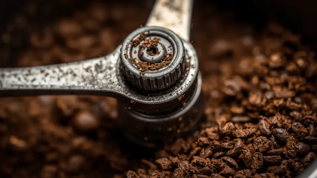 A close-up of a blade grinder burr with coffee grounds and oil residue
