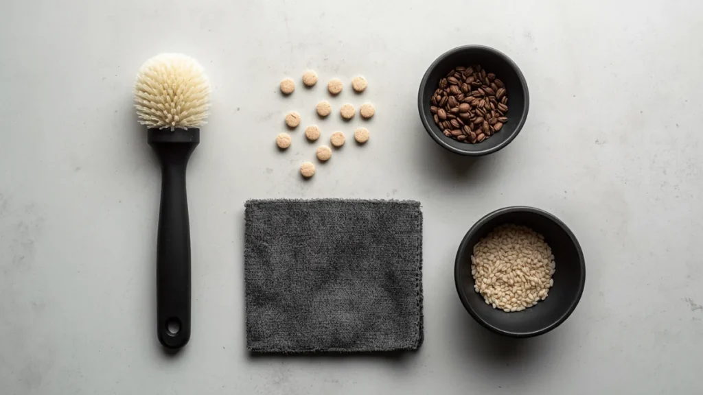 Top-down flat lay of coffee grinder cleaning tools: soft cleaning brush, microfiber cloth, coffee grinder cleaning tablets or rice, small bowl,
