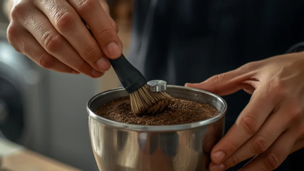 a person cleaning a coffee grinder burr with a small brush, visible coffee residue being removed