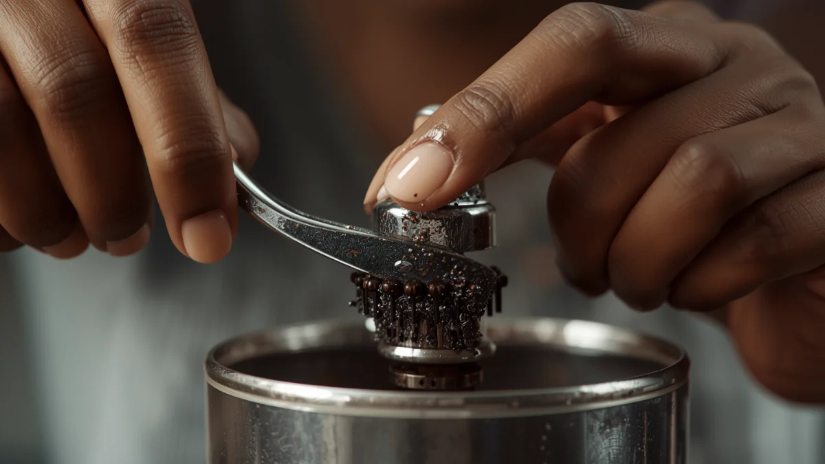 A person demonstraing how to clean a coffee grinder properly