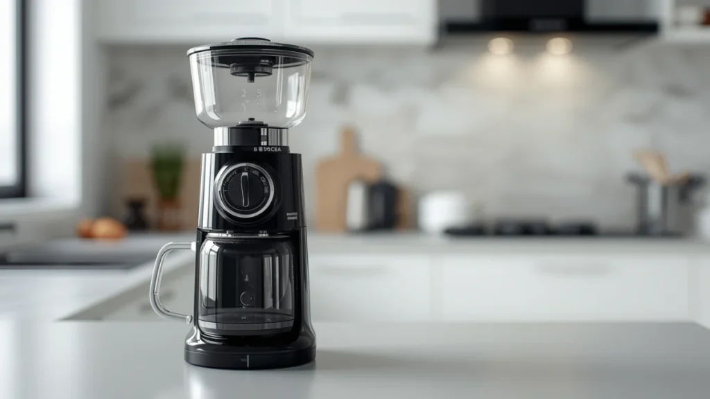An electric coffee grinder on a kitchen counter
