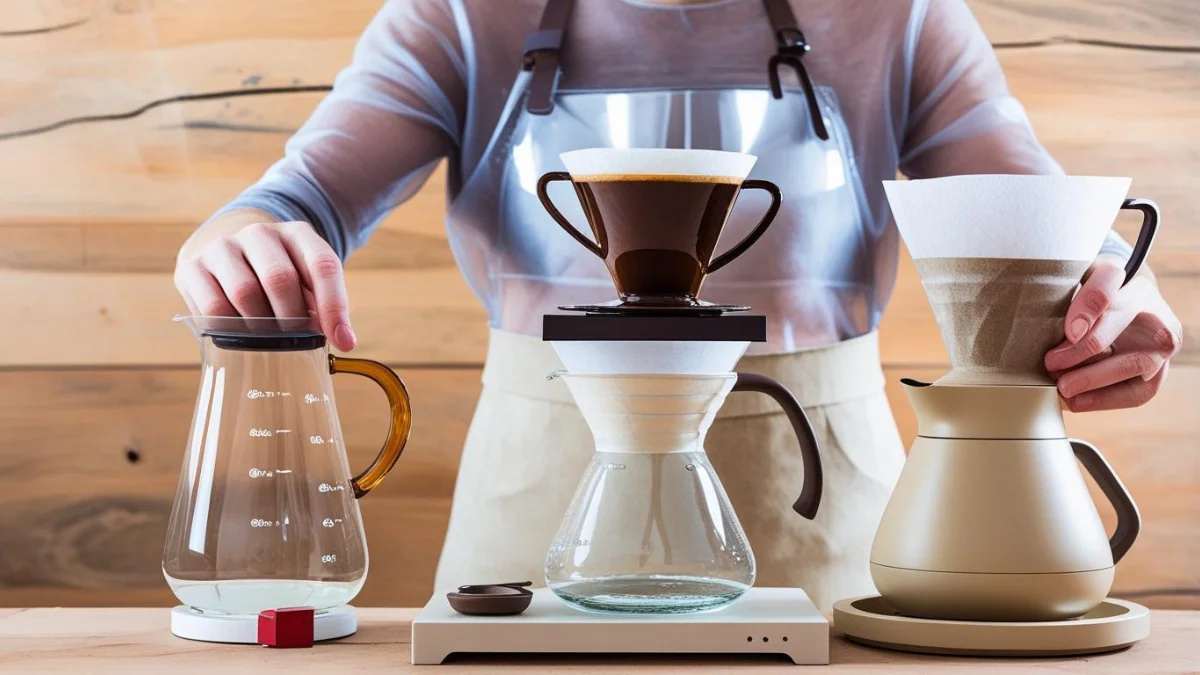 Coffee brewing at home - brewing equipment on the counter with a person engaged in brewing