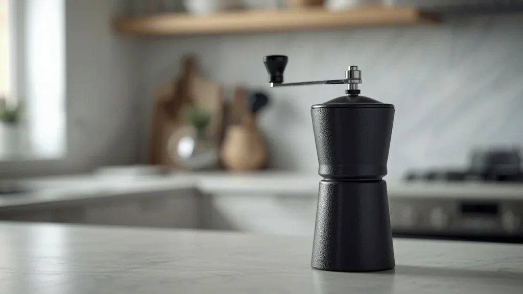 A manual coffee grinder on a kitchen counter