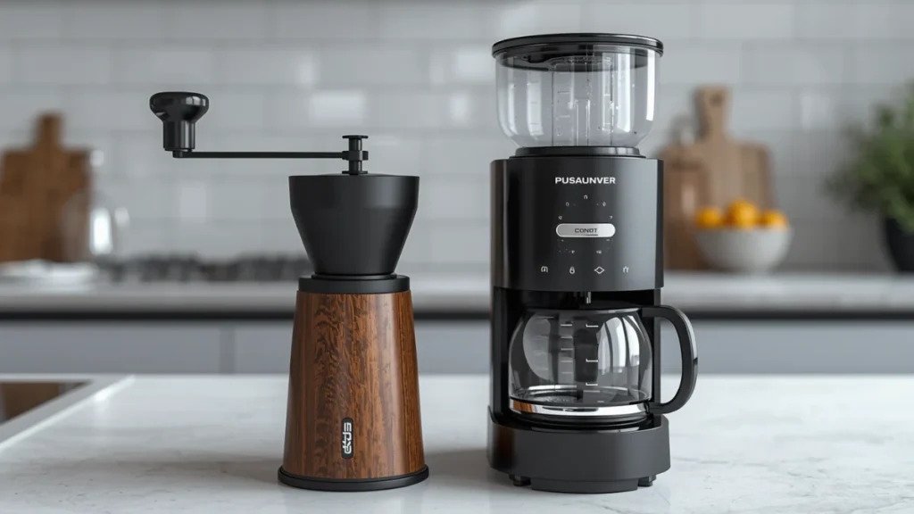 A manual coffee grinder and an coffee grinder side-by-side on a kitchen counter