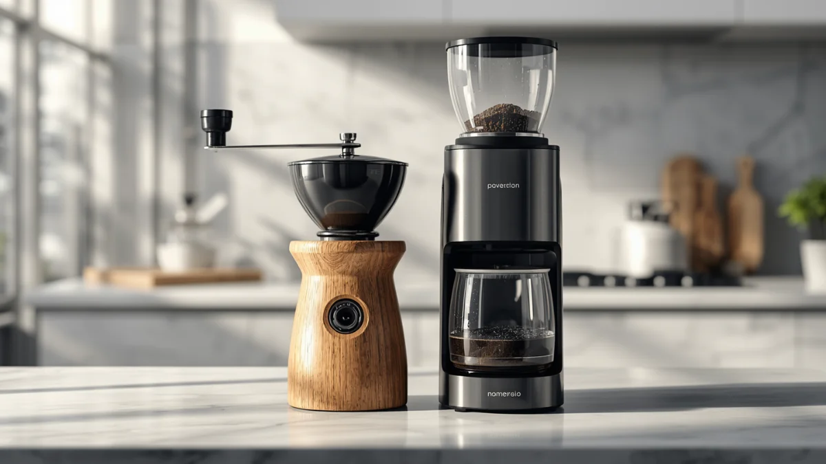 manual vs electric coffee grinder: a manual coffee grinder and an electriccoffee grinder on a kitchen counter