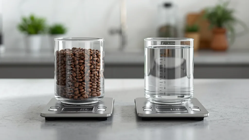 Measuring coarse coffee gring and water to prepare coffee