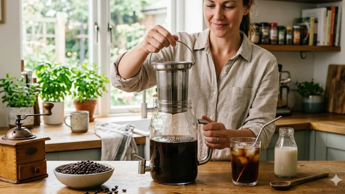 A homemaker using Mason Jar Cold Brew Coffee Maker at home
