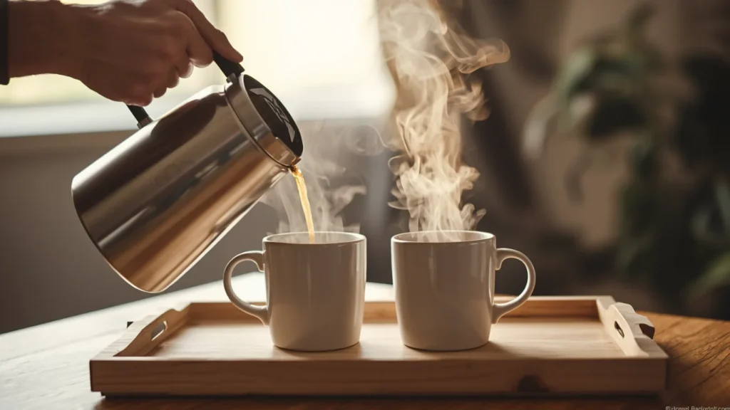 Pouring freshly brewed pour over coffee from a thermal carafe into two ceramic mugs simultaneously