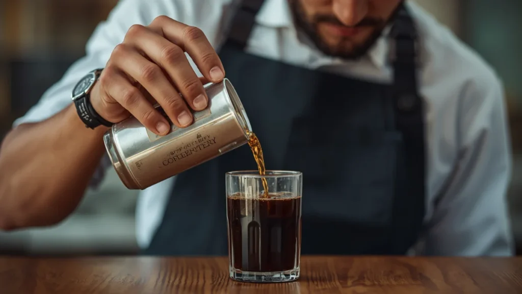 A person pouring coffee extract into a galss