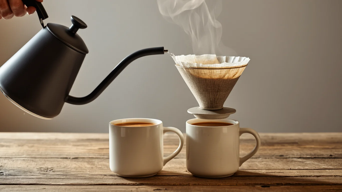 Two hot cups of pour over coffee brewed for two using a gooseneck kettle and thermal carafe on a wooden table