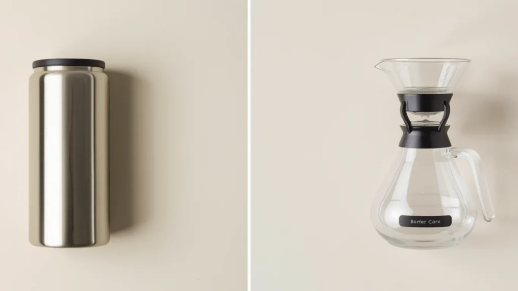 Side-by-side comparison of a thermal carafe and glass carafe for brewing pour over coffee for two