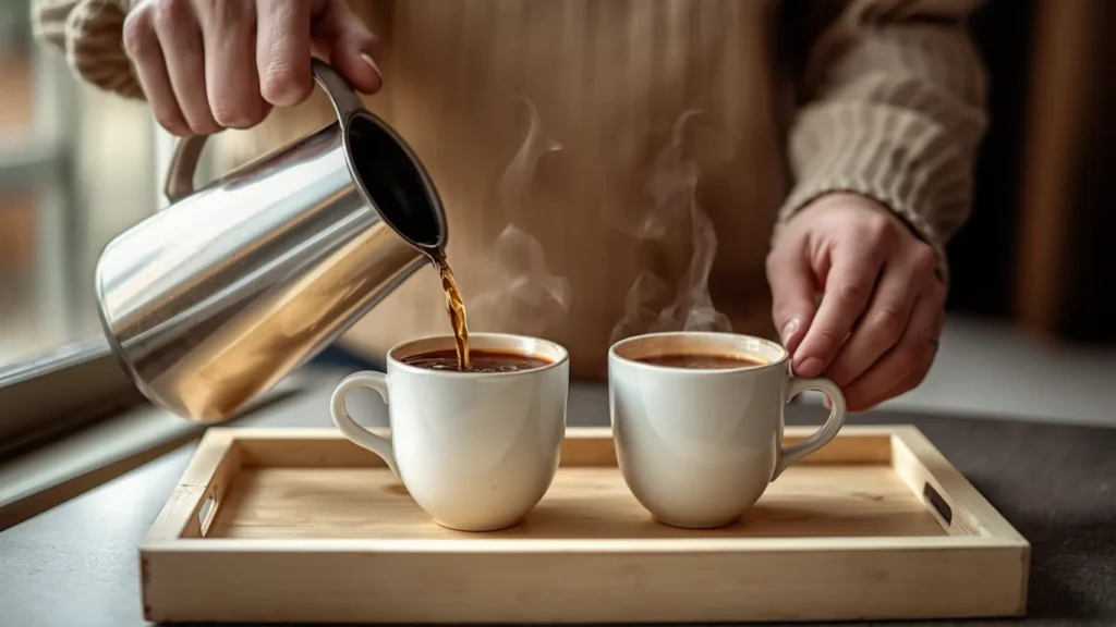 A person Pouring freshly brewed pour over coffee from a thermal carafe into two ceramic mugs simultaneously